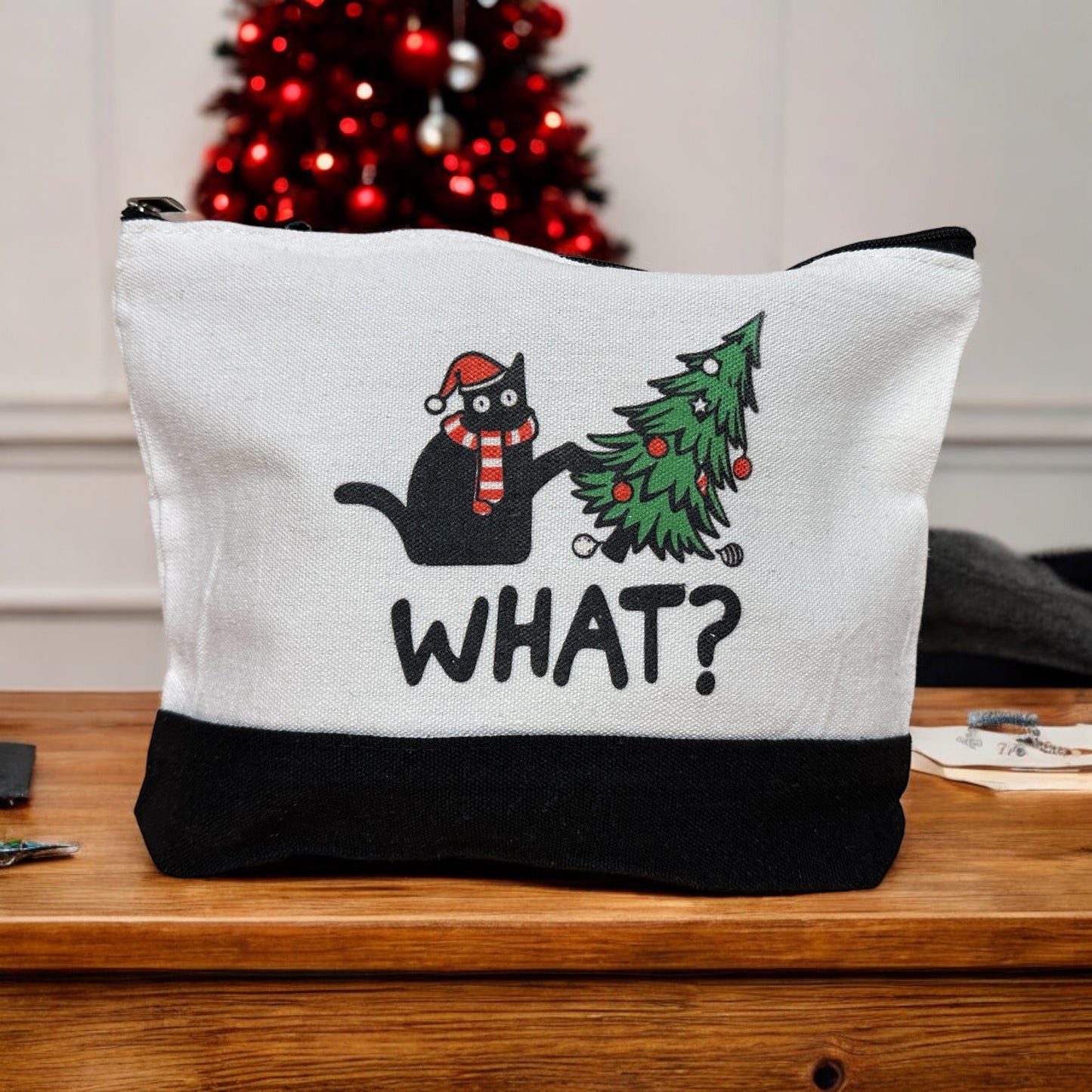 Cat Knocking Over Christmas Tree Canvas Pouch